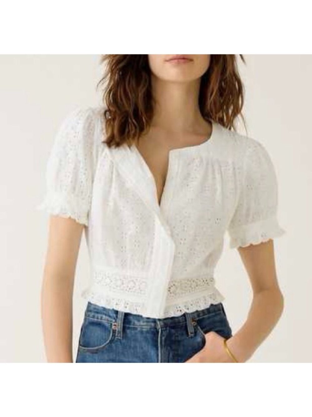 JCREW Eyelet Milkmaid Puff Sleeves Top Medium Ivory Button Down Cottage Dainty